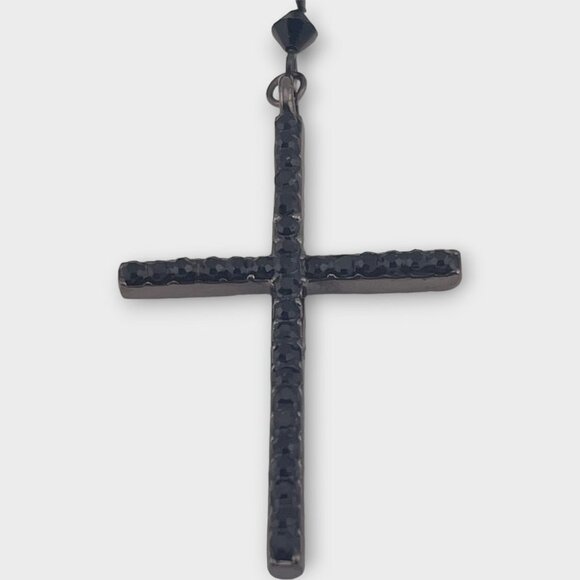 Vintage Spanish Black Crystal Cross Necklace Black Crystal Chain - Picture 6 of 11